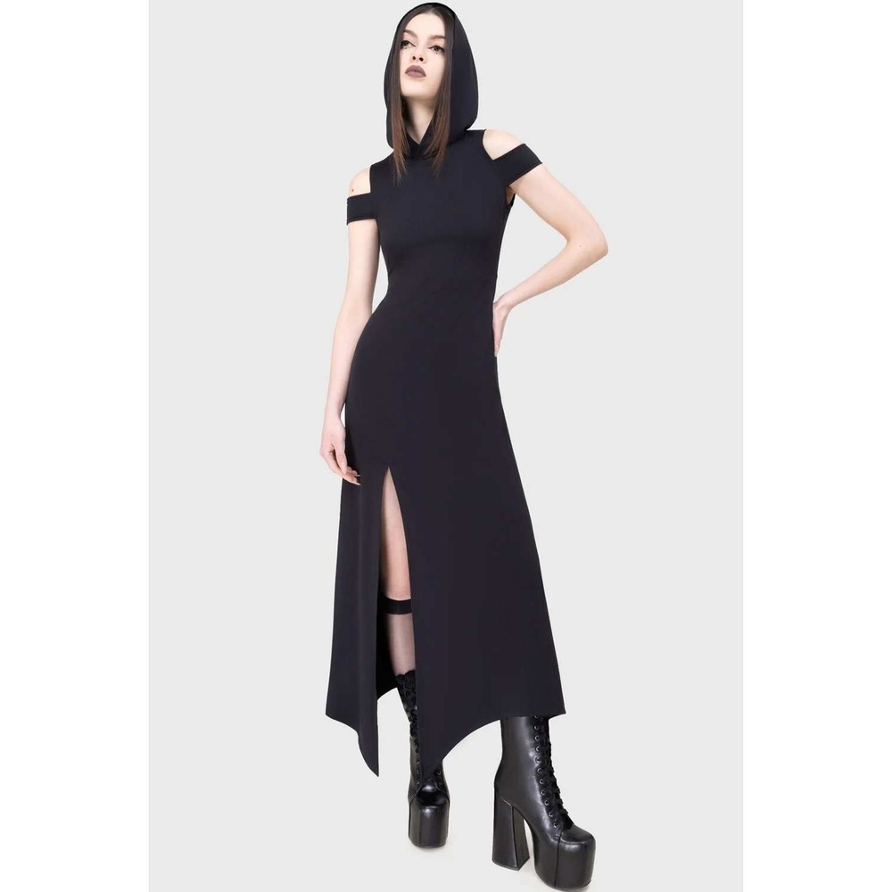 Killstar Corrosian Asymmetrical midi hooded dress black goth alternative witchy